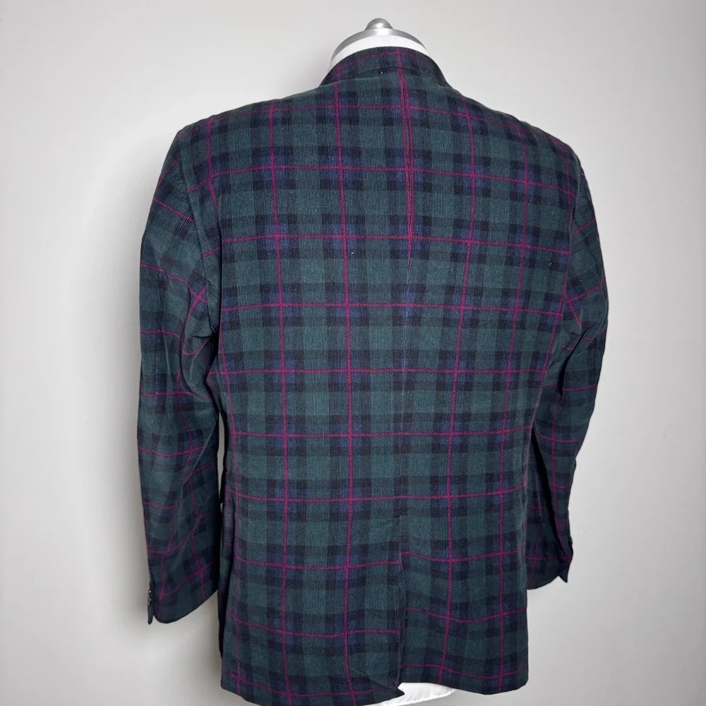 Madison Blazer Mens‎ 50 Green Burgundy Plaid Corduroy Modern Fit 2-Button Jacket